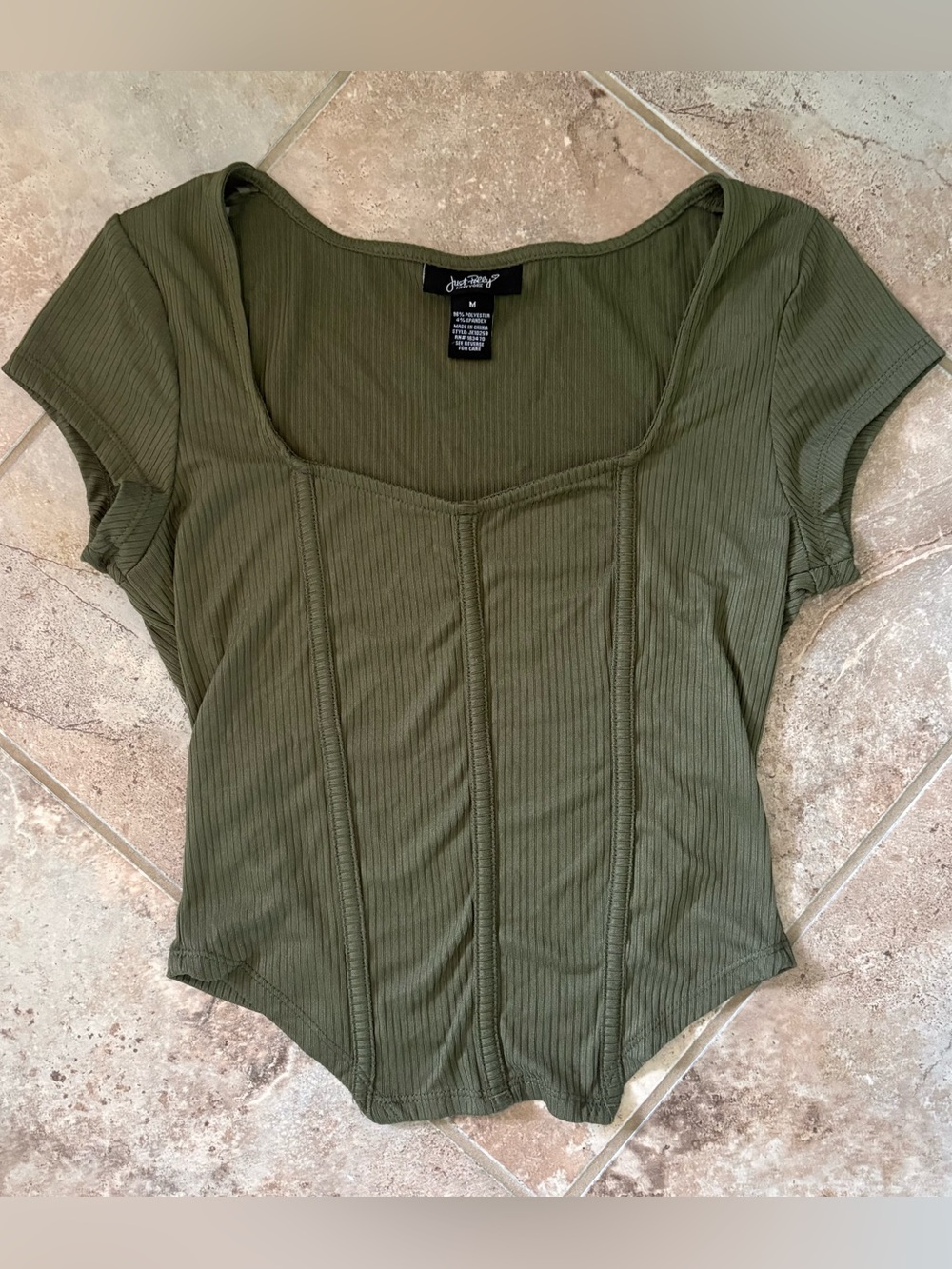 Just Polly Olive Green Short Sleeve Corset Style Cropped Medium Ribbed Fall Y2K
